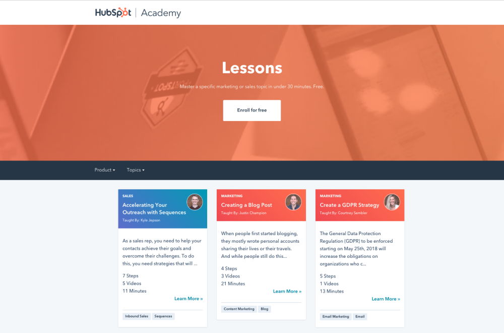 Hubspot Academy learning environment with a list of lessons for customer training.